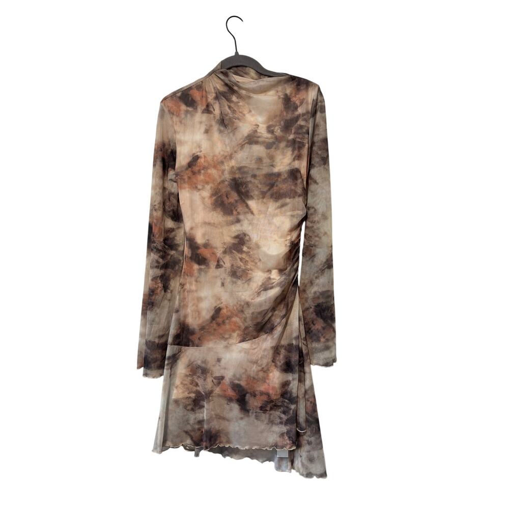 Commense Mesh Ruched Mini Dress Women’s M Brown Abstract Print Long Sleeve NWT - Picture 3 of 10